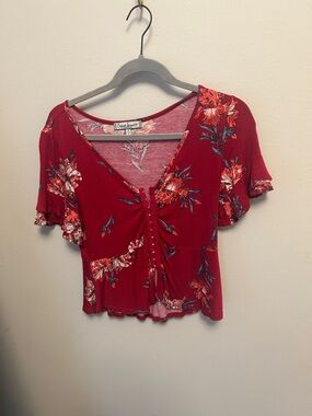 Crave Fame Red Floral Lace-Up V-Neck Blouse